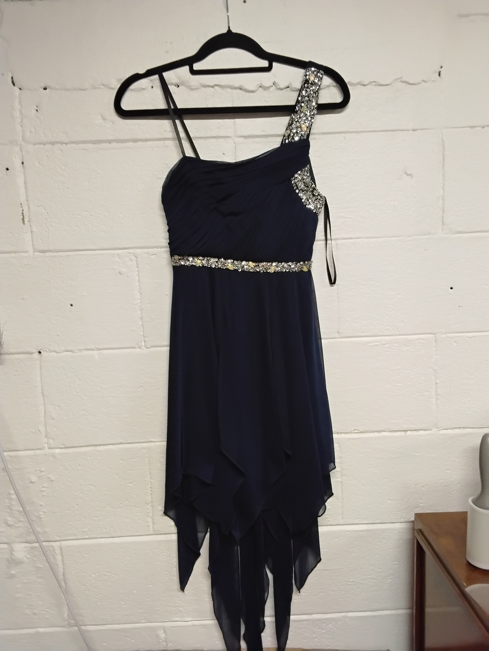QED London Navy Asymmetrical One-Shoulder Beaded Dress